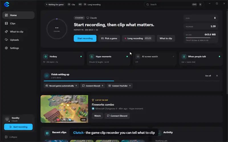 The Clutch app showing the home screen, clip library and automatic clipping options